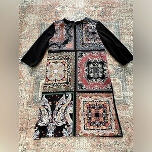 Zara Scarf Print Patchwork Dress Women’s Boho Paisley Long Sleeve Tunic Shift M